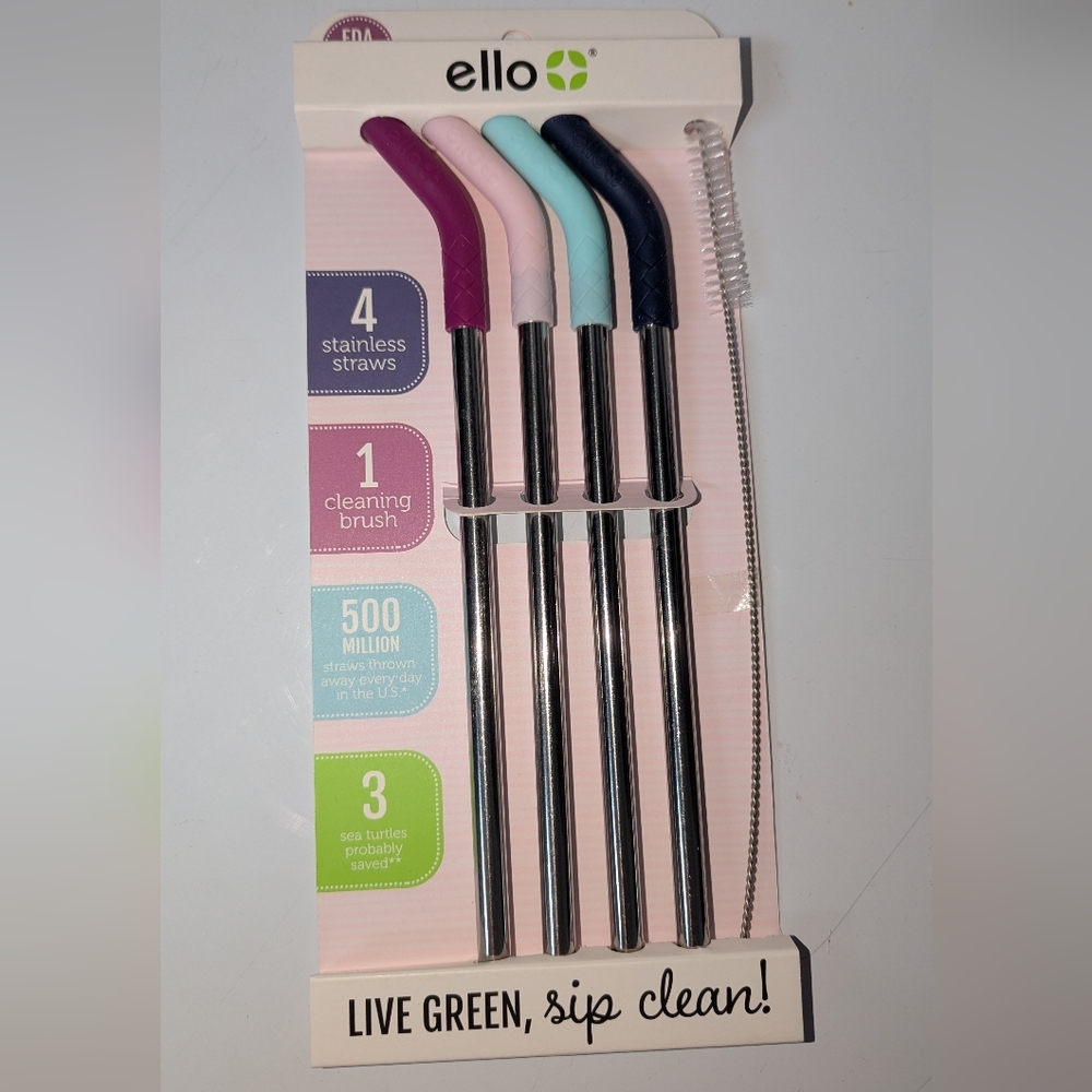 Ello Stainless Steel Straw Set with Cleaning Brush - Purple, Blue, Green